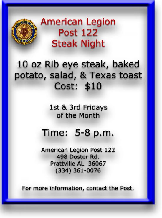 Steak night - 1st & 3rd Fridays - $8.00